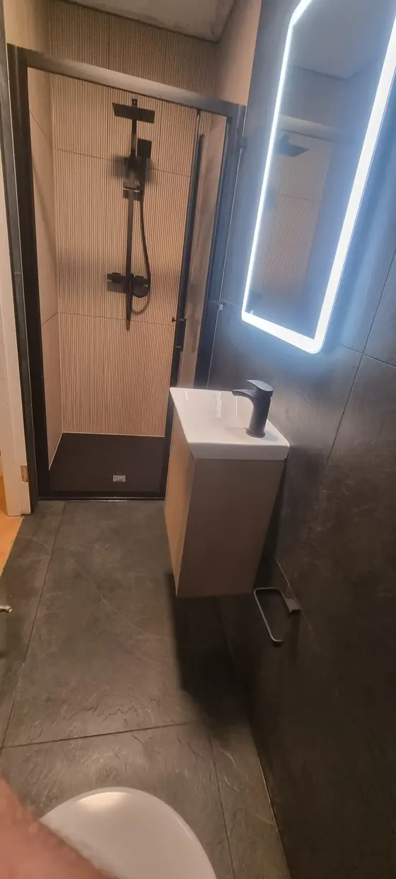 Compact en-suite bathroom with LED mirror and timber vanity, Cork