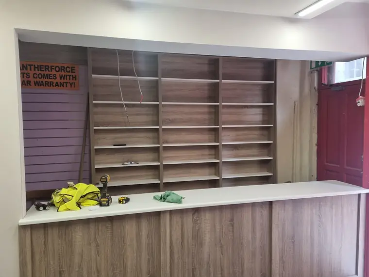 Bespoke timber shelving and counter joinery installation, Cork