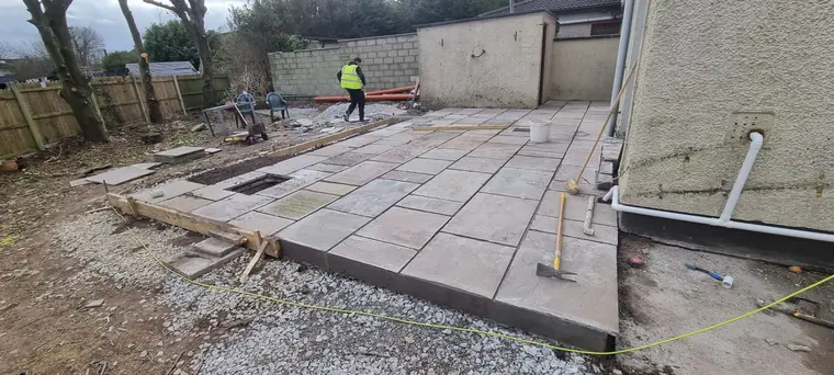 Large patio paving installation in progress, Co. Cork
